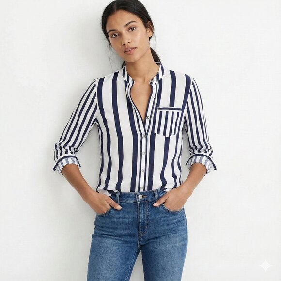 Tommy Hilfiger Women's Striped Button down Shirt Silk Navy Blue & White US 2 - Picture 1 of 12